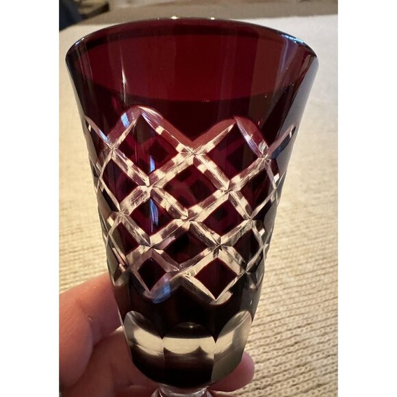 CZECH BOHEMIAN Ruby Red Crystal Pair PORT WINE SHOT GLASSES - Picture 2 of 5